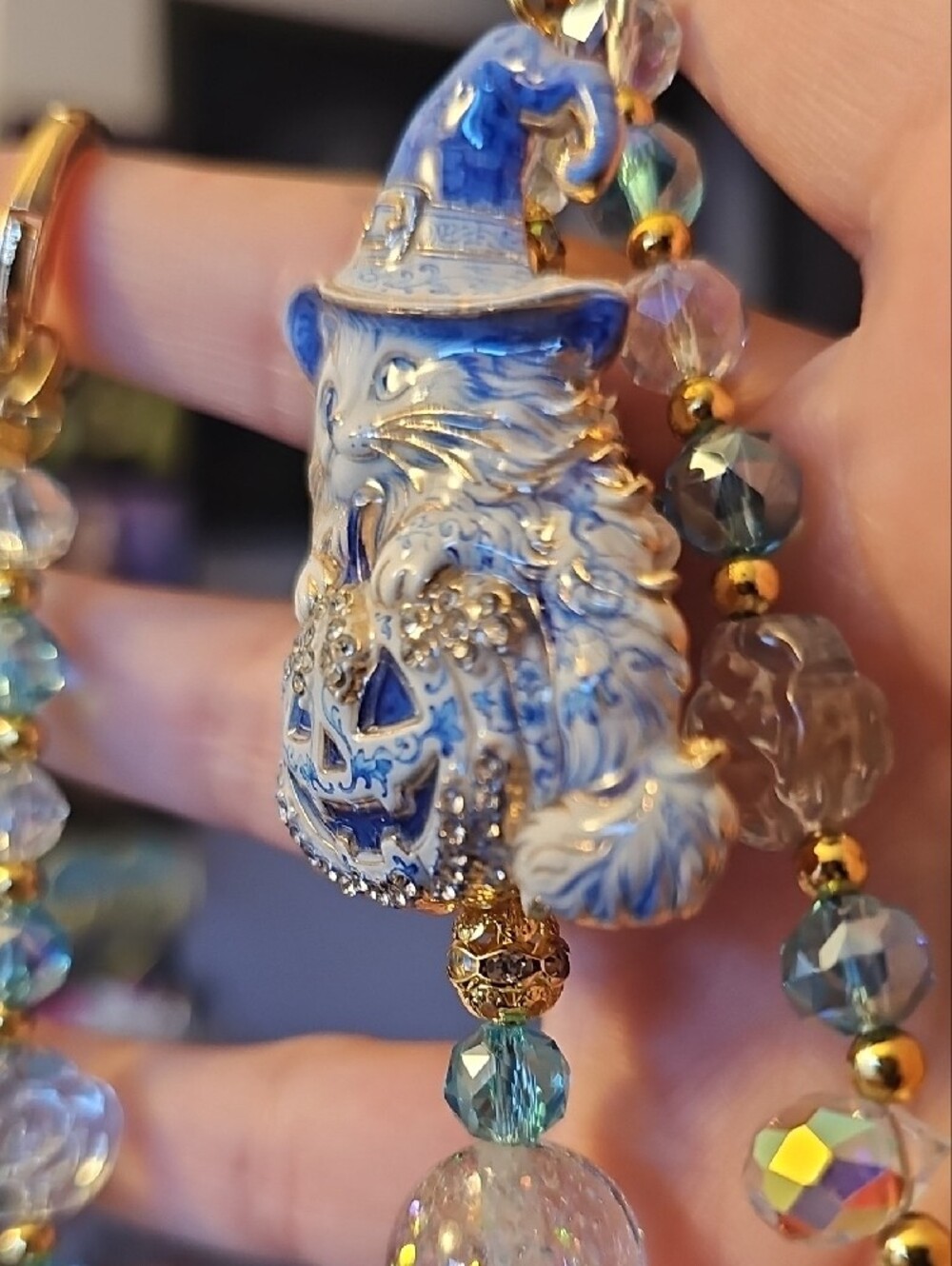 Blue Crystal Cat Witch Pumpkin Keychain - Purse Charm - Picture 4 of 4